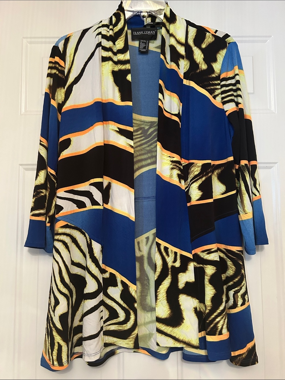 Frank Lyman Bold Abstract Open Cardigan Blue Black Zebra Maximalist Lagenlook